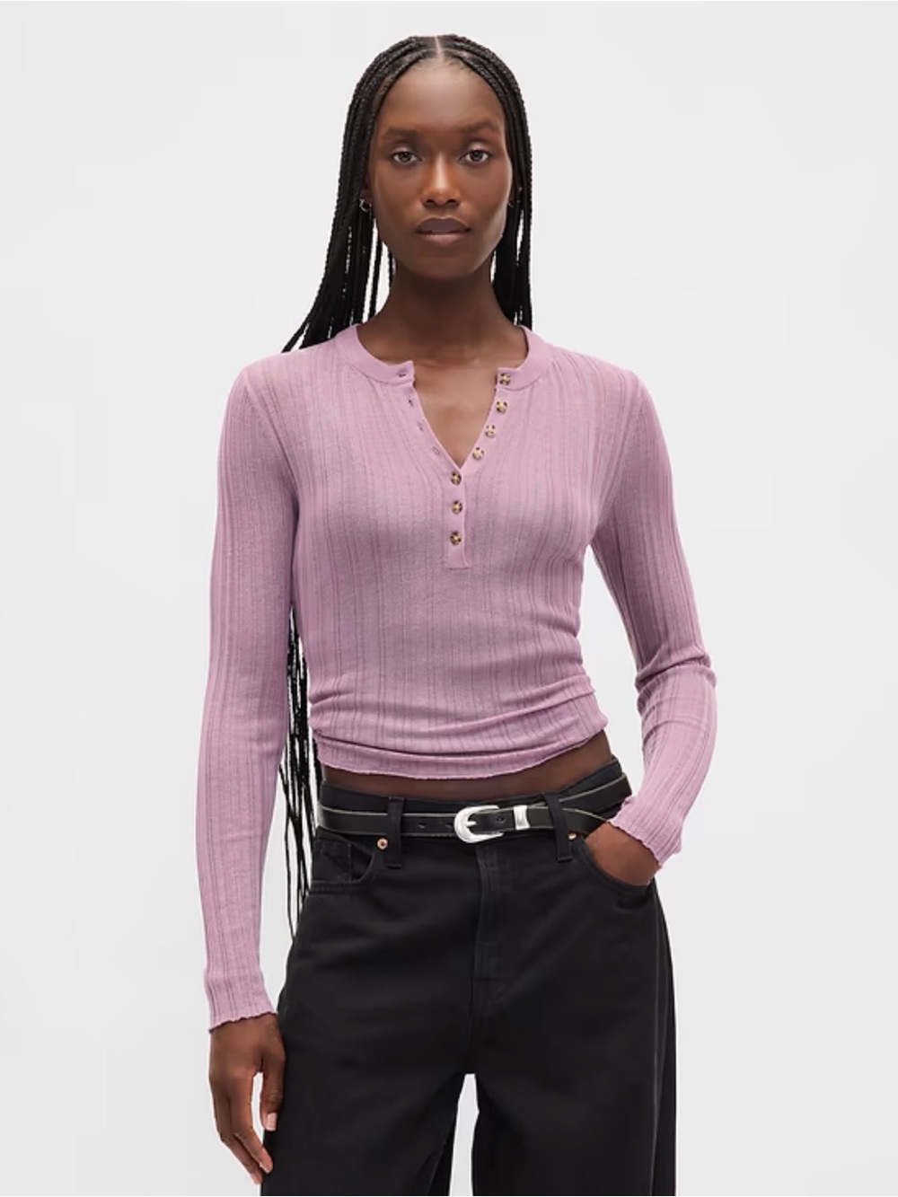 GAP Sheer Ribbed Henley Long-Sleeve Top in Amethyst Purple